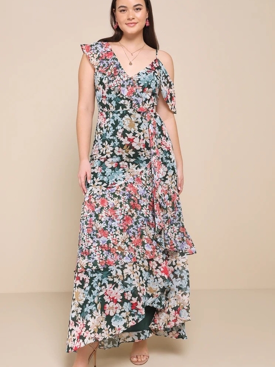 Lulus Dresses & Skirts - Lulu's Green Floral One-Shoulder High-Low Maxi with Tie Waist